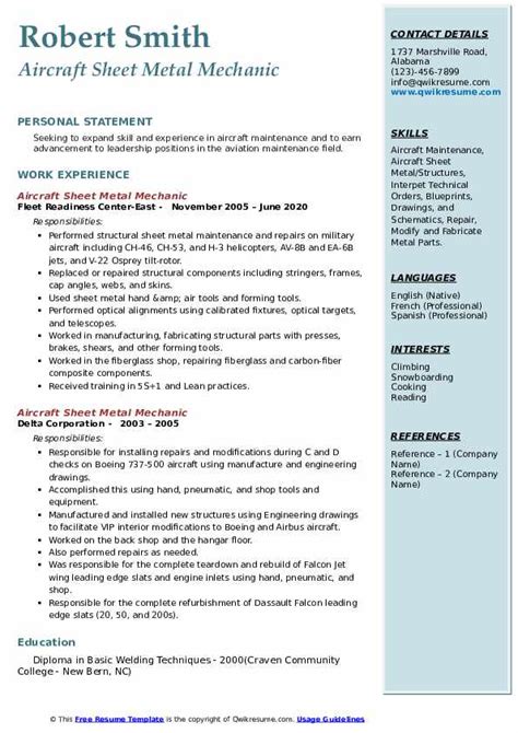 Aircraft Sheet Metal Mechanic Resume Sample 